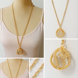 NWT Jules B Gold Tone Long Necklace 34" + 3" Extender 1.5" Faux Crystal Pendant